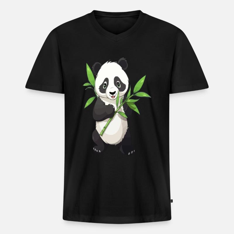 Panda mit Bambus - Männer Premium Bio T-Shirt mit V-Ausschnitt - Schwarz