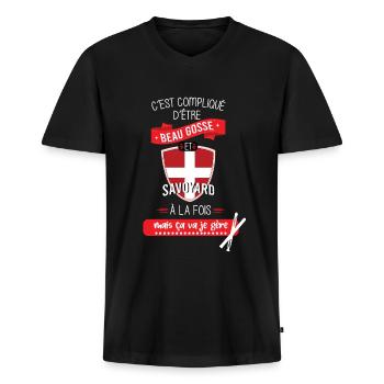 C'est compliqué d'être Savoyard et beau gosse - T-shirt encolure en V Premium bio Homme - noir - Devant - Nico (187cm)