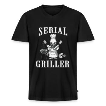 SERIAL GRILLER - BBQ GIFT APRON - Men's Premium Organic T-shirt with V-neck - black - Front - Nico (187cm)