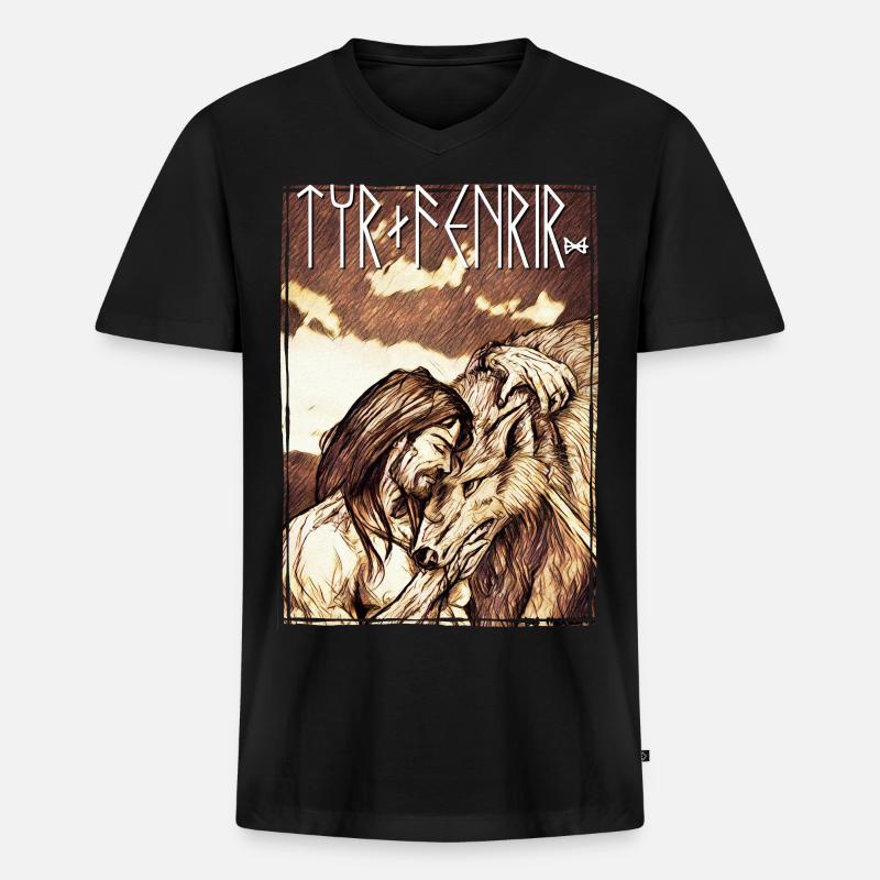Tyr + Fenrir - Männer Premium Bio T-Shirt mit V-Ausschnitt - Schwarz