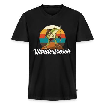 Wanderfrosch retro Wandern - Männer Premium Bio T-Shirt mit V-Ausschnitt - Schwarz - Vorne - Nico (187cm)