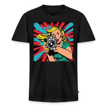 Femme photographe Pop Art - T-shirt encolure en V Premium bio Homme - noir - Devant - Nico (187cm)