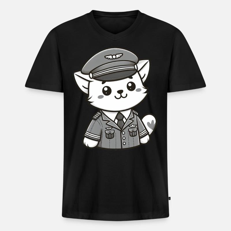 Cute Cat Pilot - Männer Premium Bio T-Shirt mit V-Ausschnitt - Schwarz