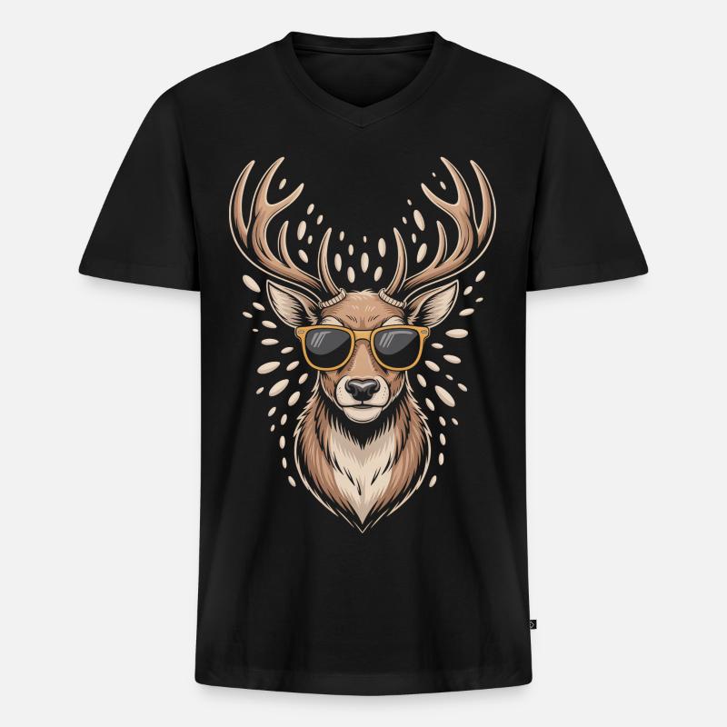 Hirsch mit Geweih und Sonnenbrille - Männer Premium Bio T-Shirt mit V-Ausschnitt - Schwarz
