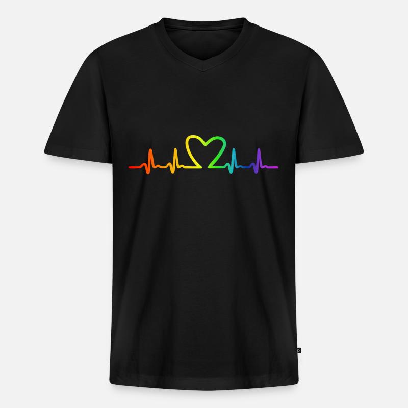 LGBT Regenbogen Herzschlag - Männer Premium Bio T-Shirt mit V-Ausschnitt - Schwarz