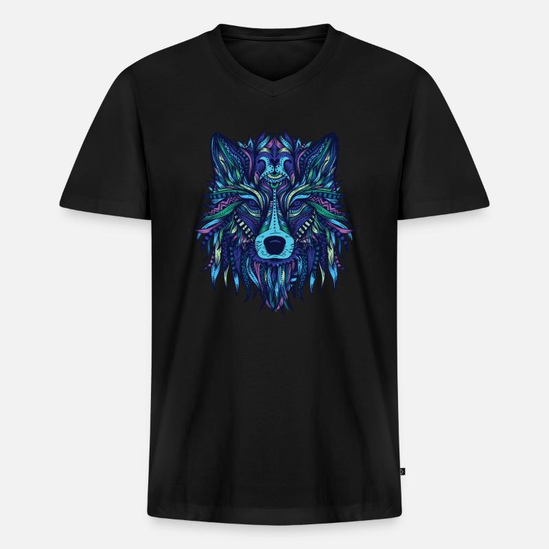 Wolf - Männer Premium Bio T-Shirt mit V-Ausschnitt - Schwarz