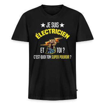 Je suis électricien, super pouvoir, Humour Métier - T-shirt encolure en V Premium bio Homme - noir - Devant - Nico (187cm)