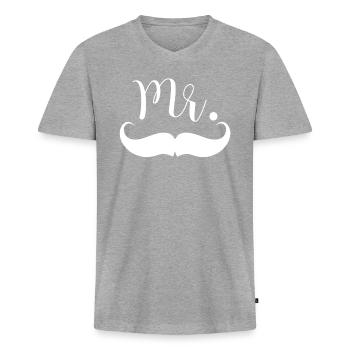 Mr Moustache. T shirt DUO pour couple. Monsieur - T-shirt encolure en V Premium bio Homme - gris chiné - Devant