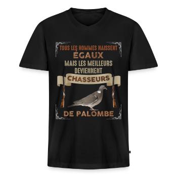 Chasse à la palombe homme chasseur de gibier - T-shirt encolure en V Premium bio Homme - noir - Devant - Nico (187cm)