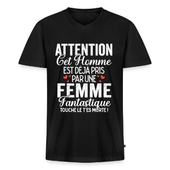 Cet Homme Est Pris Cadeau Saint Valentin Couple - T-shirt encolure en V Premium bio Homme - noir - Devant - Nico (187cm)