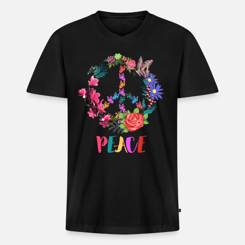 Peaczeichen Blumen - Männer Premium Bio T-Shirt mit V-Ausschnitt - Schwarz