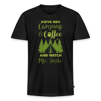 Camping et café, amateurs de plein air - T-shirt encolure en V Premium bio Homme - noir - Devant - Nico (187cm)
