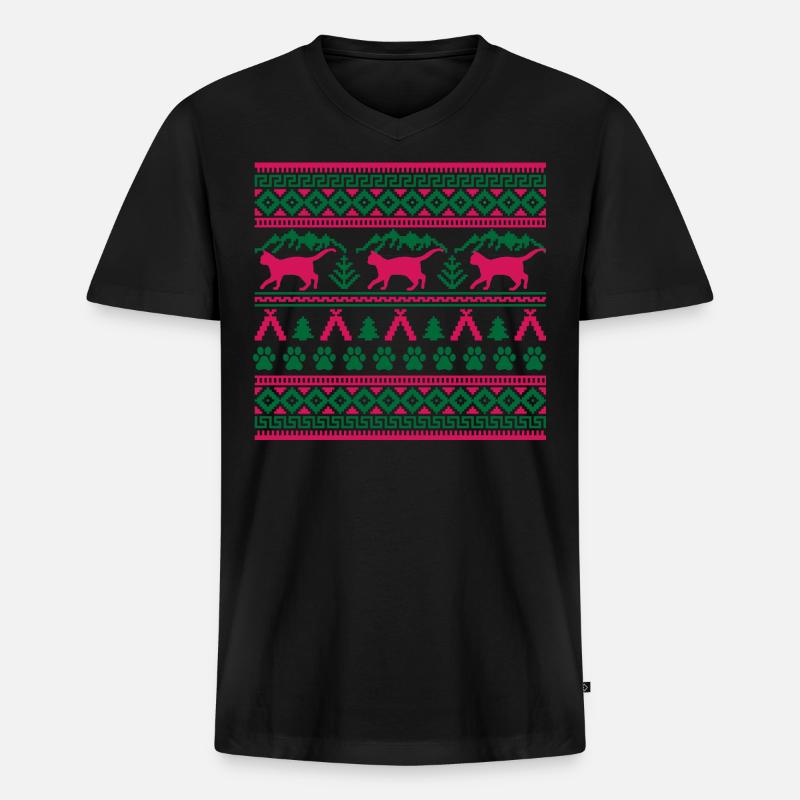 Weihnachtskatze Hässlicher Weihnachtspullover Geschenk - Männer Premium Bio T-Shirt mit V-Ausschnitt - Schwarz