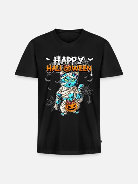 Halloween Katze Mumie - Männer Premium Bio T-Shirt mit V-Ausschnitt - Schwarz
