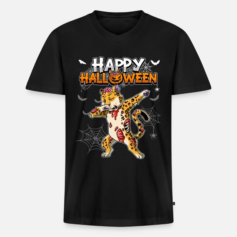 Halloween Leopard Zombie - Männer Premium Bio T-Shirt mit V-Ausschnitt - Schwarz