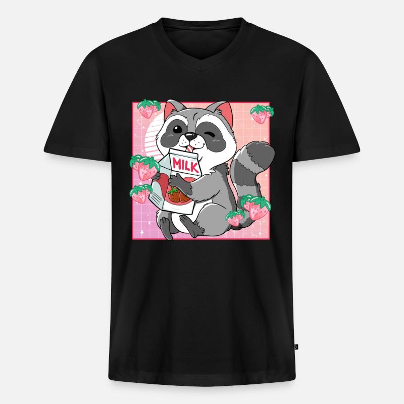 Kawaii Waschbär Erdbeermilch - Männer Premium Bio T-Shirt mit V-Ausschnitt - Schwarz