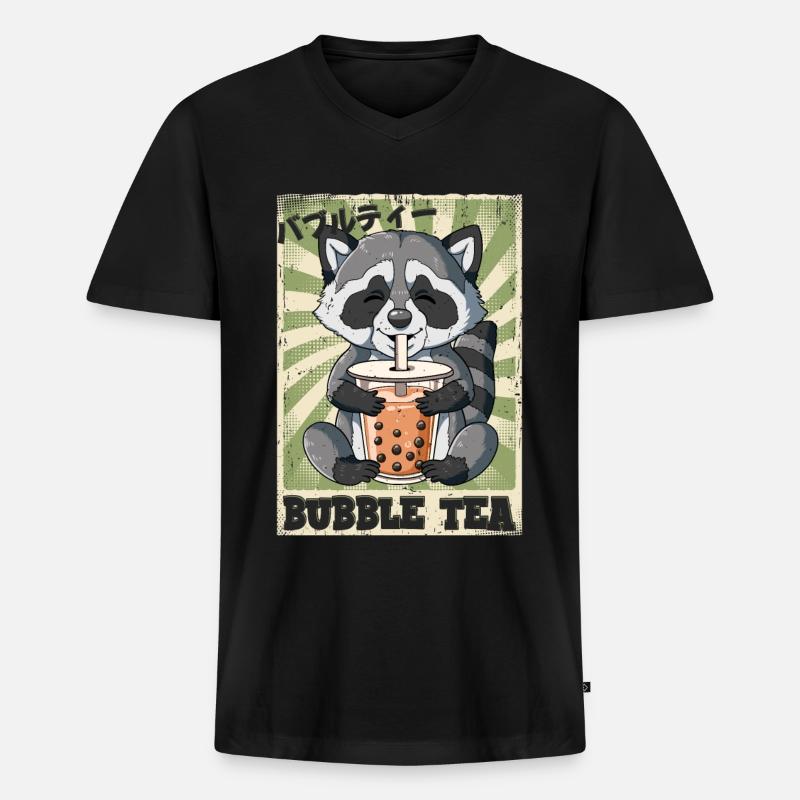 Boba Tea Waschbär Bubble Tea - Männer Premium Bio T-Shirt mit V-Ausschnitt - Schwarz
