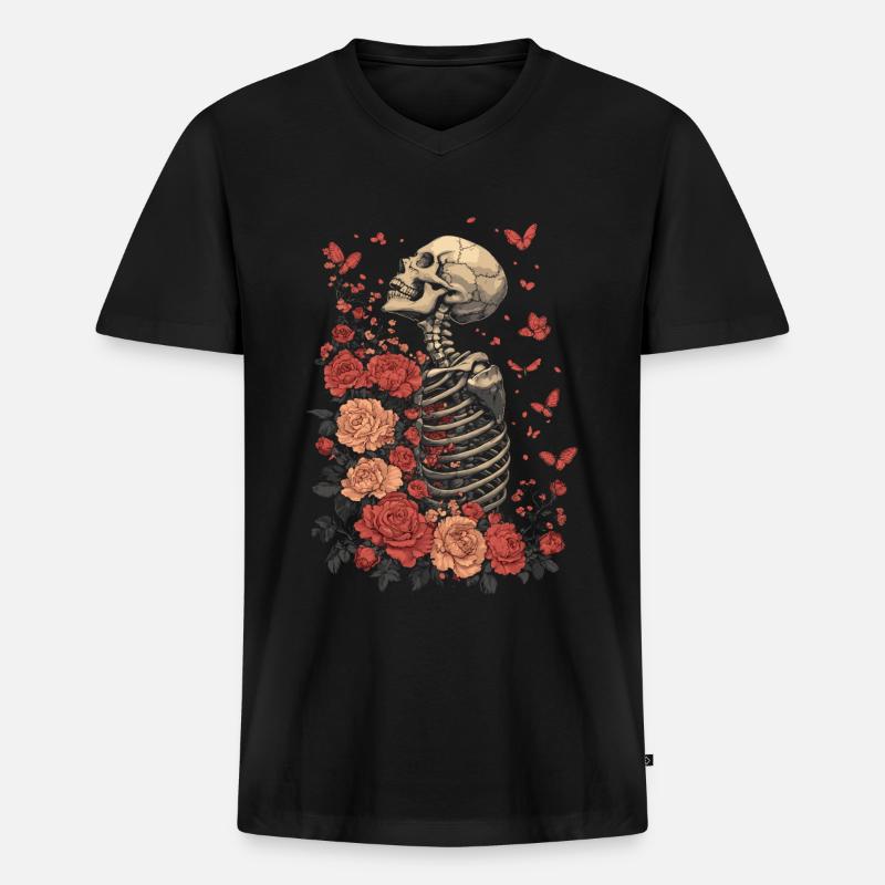 Skelett Blumen - Männer Premium Bio T-Shirt mit V-Ausschnitt - Schwarz