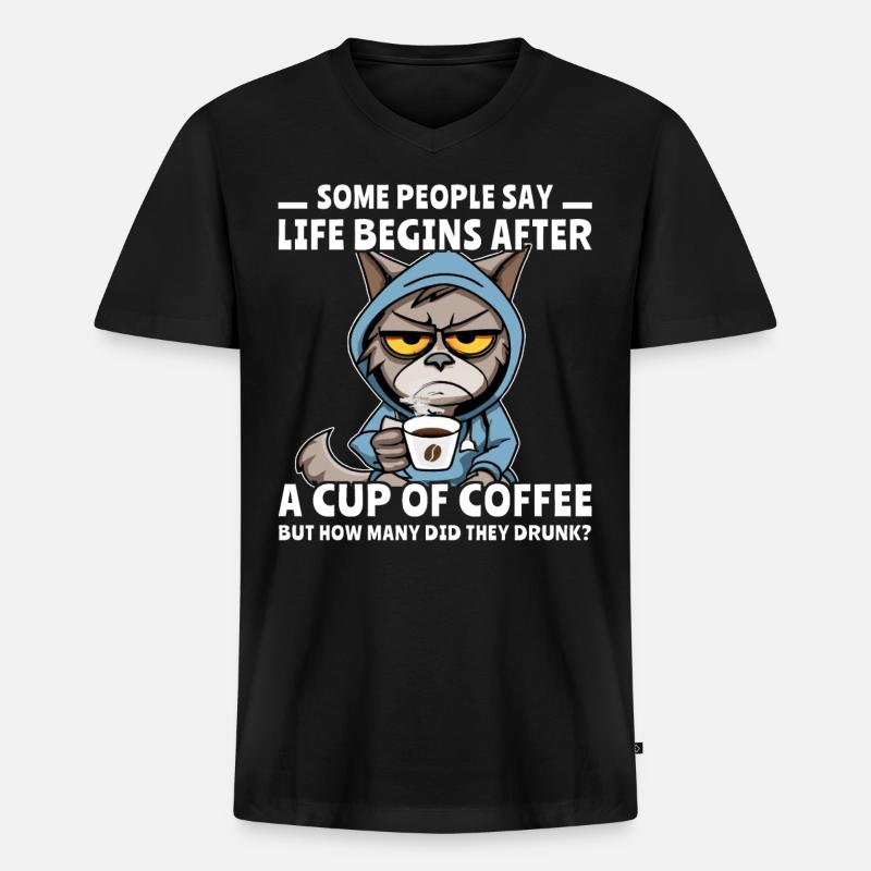 Kaffee Katze Kaffeetrinker - Männer Premium Bio T-Shirt mit V-Ausschnitt - Schwarz