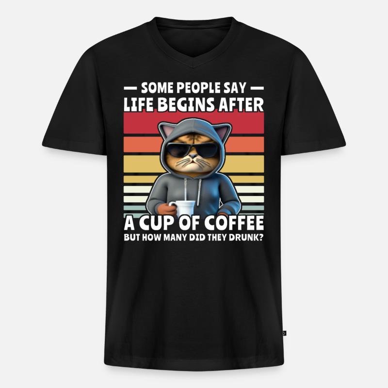 Retro Katze Kaffee - Männer Premium Bio T-Shirt mit V-Ausschnitt - Schwarz