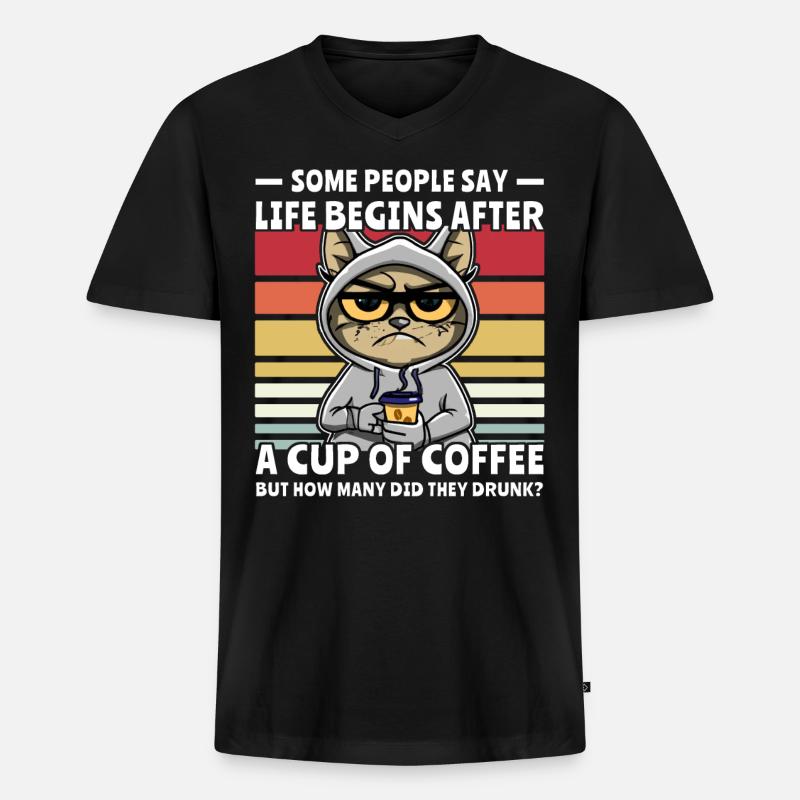 Retro Katze Kaffee - Männer Premium Bio T-Shirt mit V-Ausschnitt - Schwarz