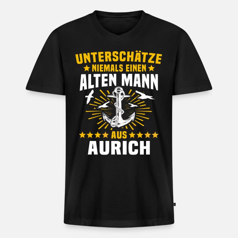 Aurich Unterschätze Auricher Mann - Männer Premium Bio T-Shirt mit V-Ausschnitt - Schwarz