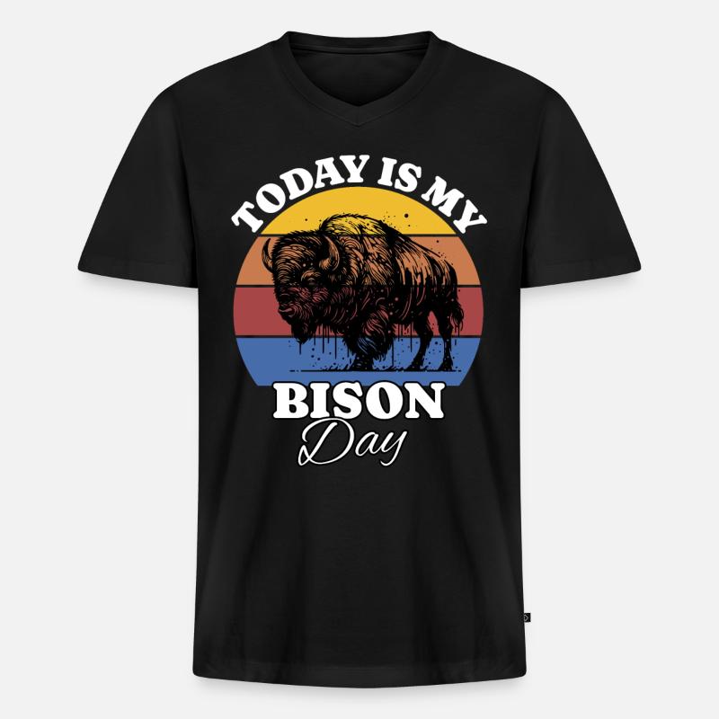 Büffel Bison - Männer Premium Bio T-Shirt mit V-Ausschnitt - Schwarz