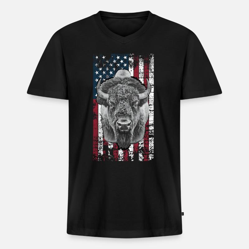Bison US - Männer Premium Bio T-Shirt mit V-Ausschnitt - Schwarz