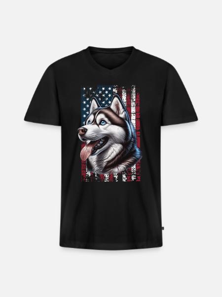Husky US Schlittenhund - Männer Premium Bio T-Shirt mit V-Ausschnitt - Schwarz