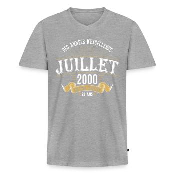 22 Ans Anniversaire Vintage Né(e) en Juillet 2000 - T-shirt encolure en V Premium bio Homme - gris chiné - Devant
