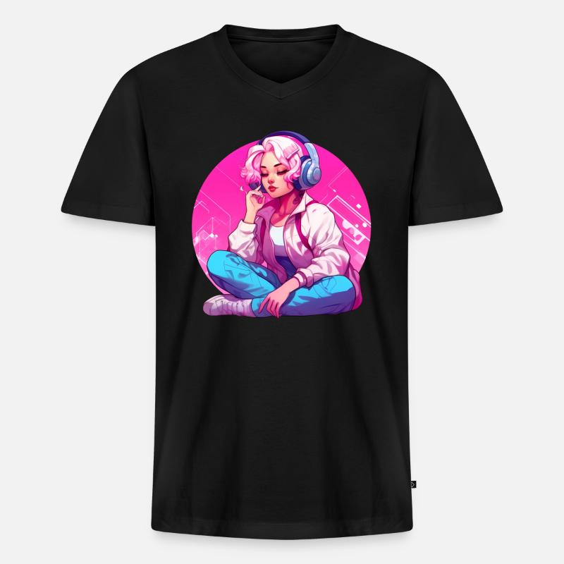Mädchen mit Kopfhörern - Männer Premium Bio T-Shirt mit V-Ausschnitt - Schwarz