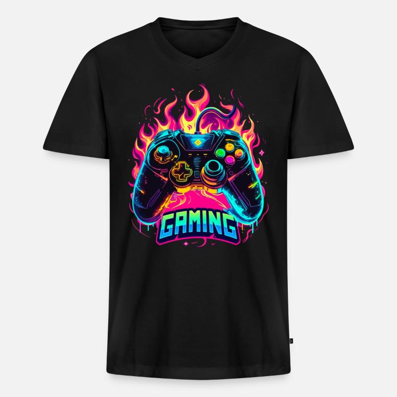 Gaming Controller Flammen Kunst - Männer Premium Bio T-Shirt mit V-Ausschnitt - Schwarz