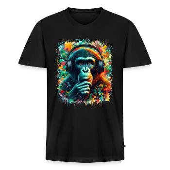 Banksy DJ Małpi myśliciel - Ekologiczna męska koszulka z dekoltem w serek Premium - czarny - Przód - Nico (187cm)