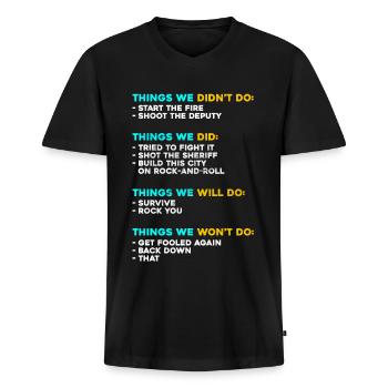 Things we did not love Music 80s 70s - Men's Premium Organic T-shirt with V-neck - black - Front - Nico (187cm)