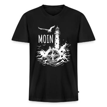 Moin - Leuchtturm - Möwe, Wellen, Geschenk - Männer Premium Bio T-Shirt mit V-Ausschnitt - Schwarz - Vorne - Nico (187cm)