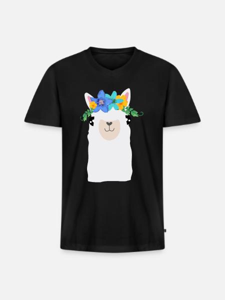Alpaka mit Blumen - Männer Premium Bio T-Shirt mit V-Ausschnitt - Schwarz
