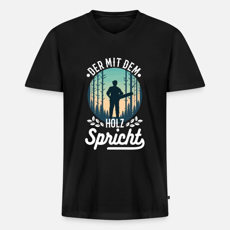 Der mit dem Holz spricht - Männer Premium Bio T-Shirt mit V-Ausschnitt - Schwarz