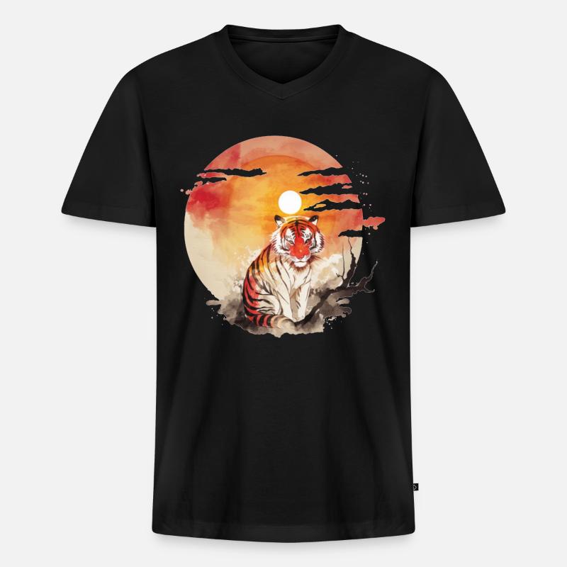 Tiger Ästhetik Japan Sun Rot - Männer Premium Bio T-Shirt mit V-Ausschnitt - Schwarz