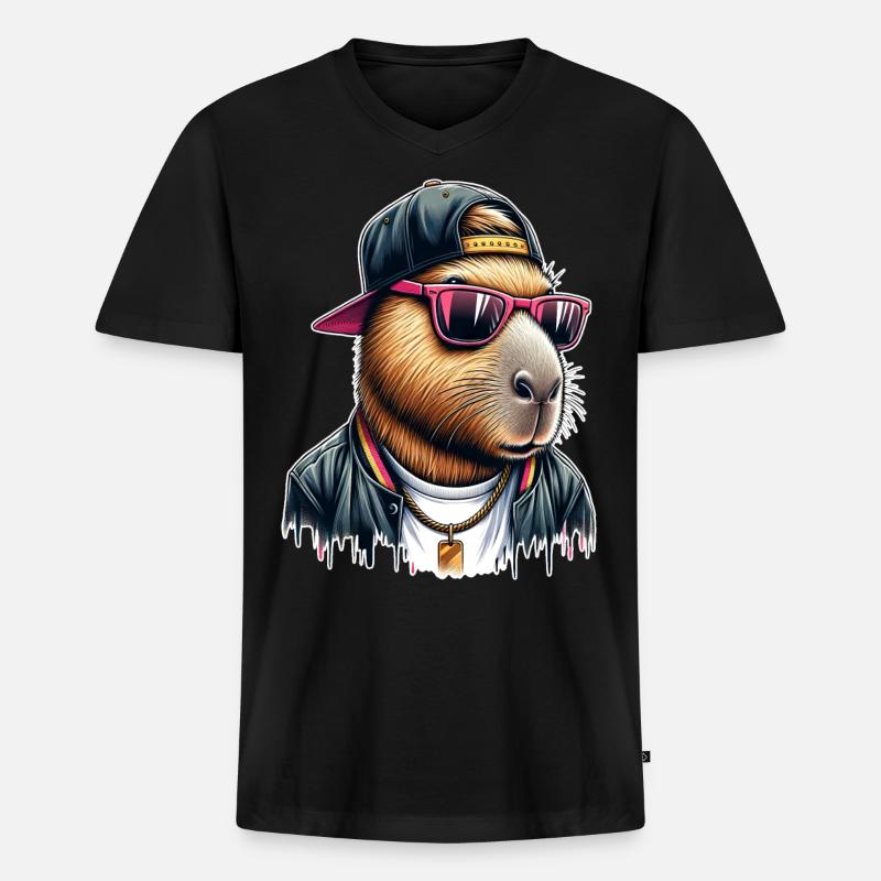 Capybara Cap Sonnebrille Cool - Männer Premium Bio T-Shirt mit V-Ausschnitt - Schwarz