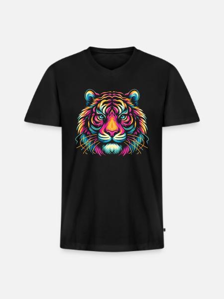 Tiger Gesicht, Bunte Tierkunst, Tiger - Männer Premium Bio T-Shirt mit V-Ausschnitt - Schwarz