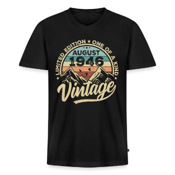Anniversaire Août 1946 Cadeau d’anniversaire Août - T-shirt encolure en V Premium bio Homme - noir - Devant - Nico (187cm)