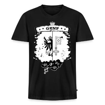 Genf - Männer Premium Bio T-Shirt mit V-Ausschnitt - Schwarz - Vorne - Nico (187cm)