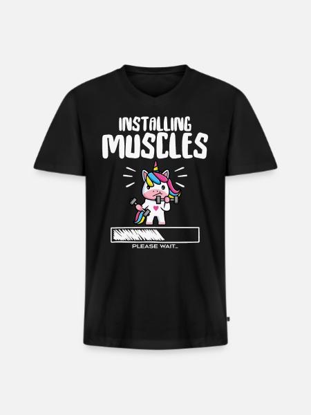 rolig, söt, enhörning, träning, gym, kondition, enhörning - Ekologisk premium-T-shirt med V-ringning herr - svart