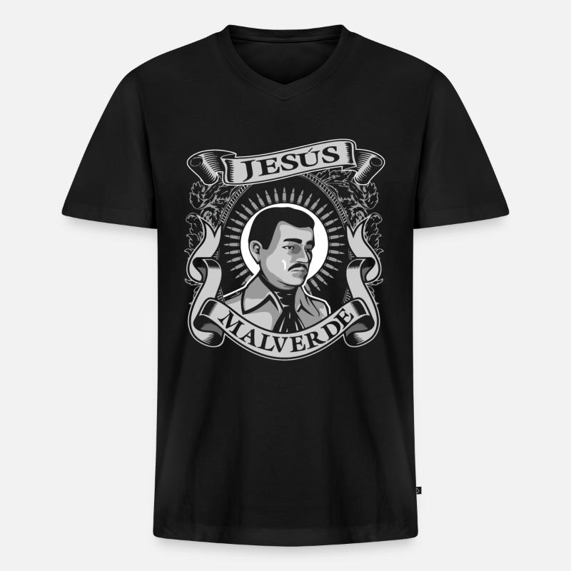 Jesus Malverde Tshirt Mexico Volksheld - Männer Premium Bio T-Shirt mit V-Ausschnitt - Schwarz