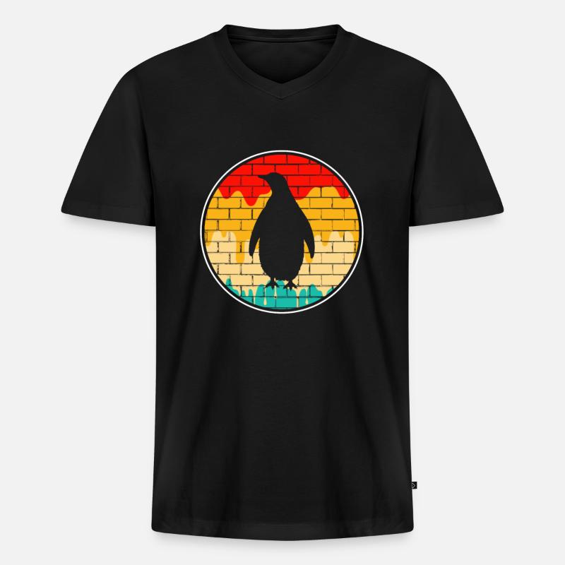 Retro Pinguin - Männer Premium Bio T-Shirt mit V-Ausschnitt - Schwarz
