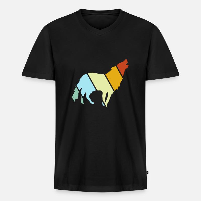 Wolf Retro - Männer Premium Bio T-Shirt mit V-Ausschnitt - Schwarz