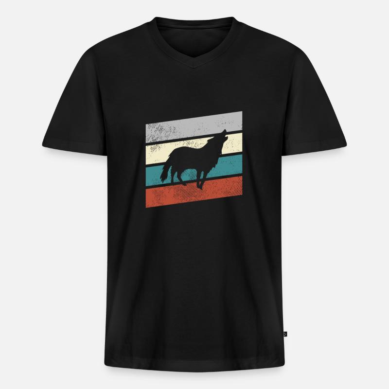 Wolf Retro - Männer Premium Bio T-Shirt mit V-Ausschnitt - Schwarz