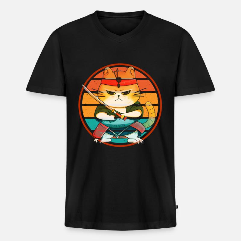 Japanische Samurai -Katzenkrieger Retro Ninja - Männer Premium Bio T-Shirt mit V-Ausschnitt - Schwarz
