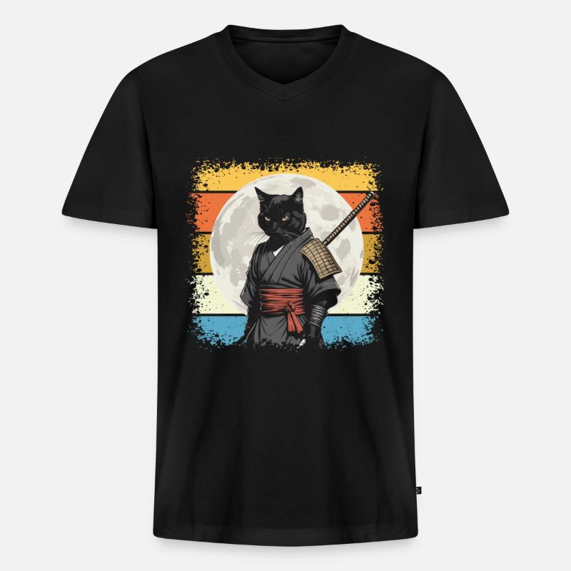 Japanische Samurai -Katzenkrieger Retro Ninja - Männer Premium Bio T-Shirt mit V-Ausschnitt - Schwarz