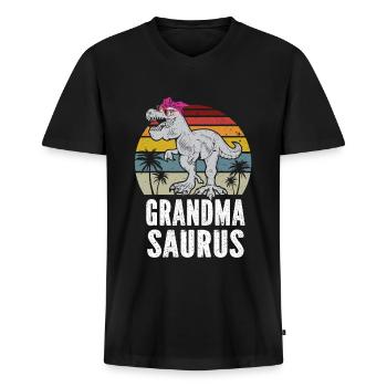Omasaurus T Rex Dinosaurier Oma Nana - Männer Premium Bio T-Shirt mit V-Ausschnitt - Schwarz - Vorne - Nico (187cm)